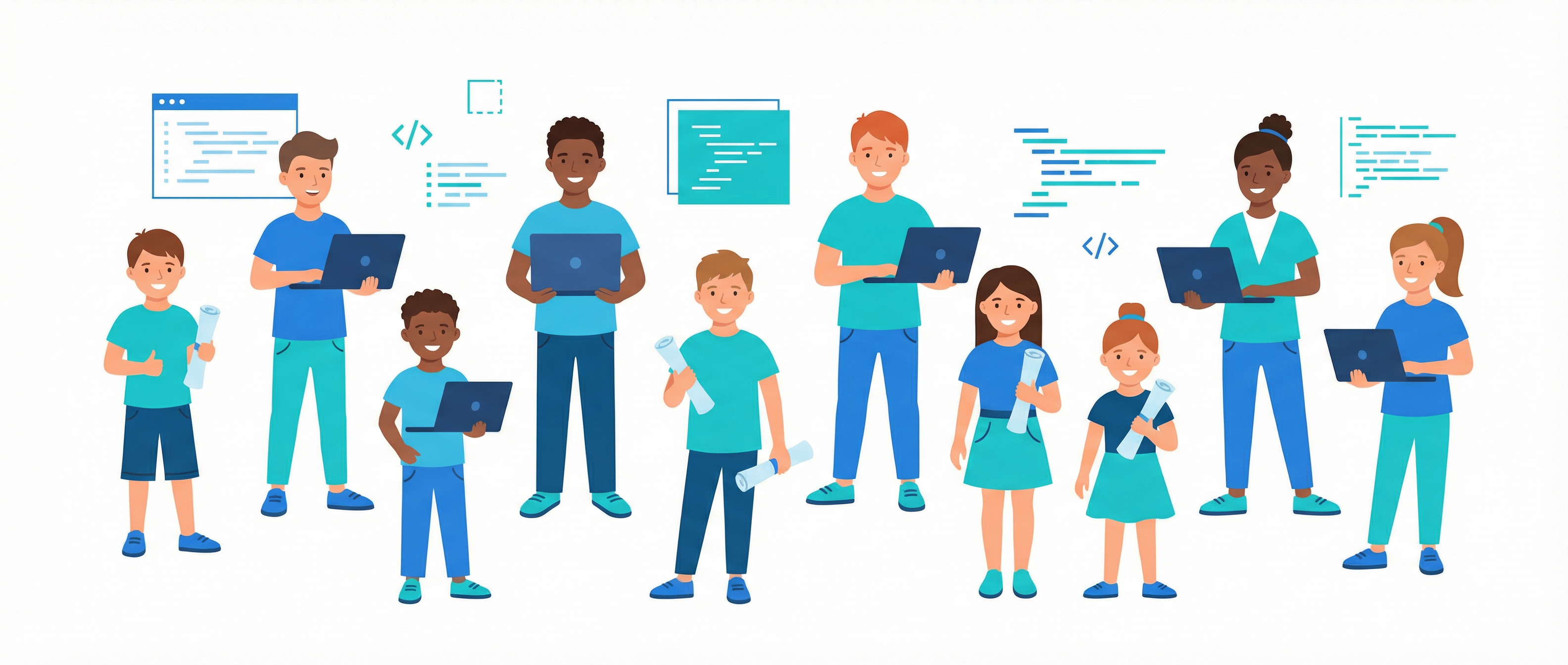 Illustration of Coddy excellent students with laptops and certificates